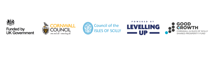 Logos: Funded by UK Government, Cornwall Council, Council of the Isles of scilly, Levelling Up, Good Growth